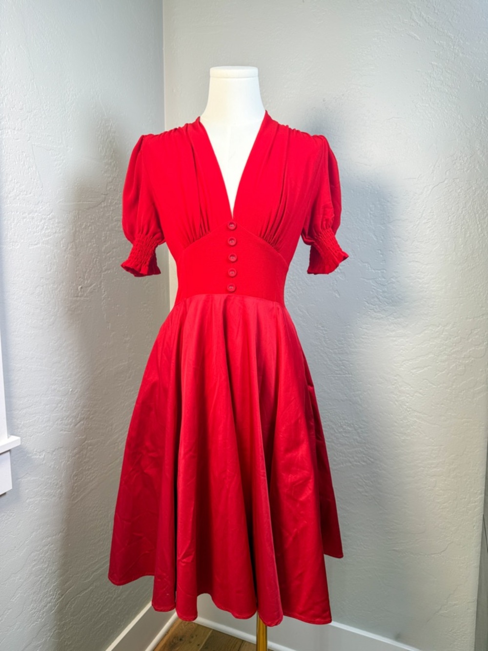 Kitten D’Amour Red Fit & Flare Dress Strawberry Lining Puff Sleeve Size 6